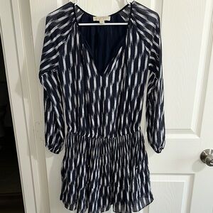 Michael Kors Blue and White Long Sleeve V-Neck Sundress